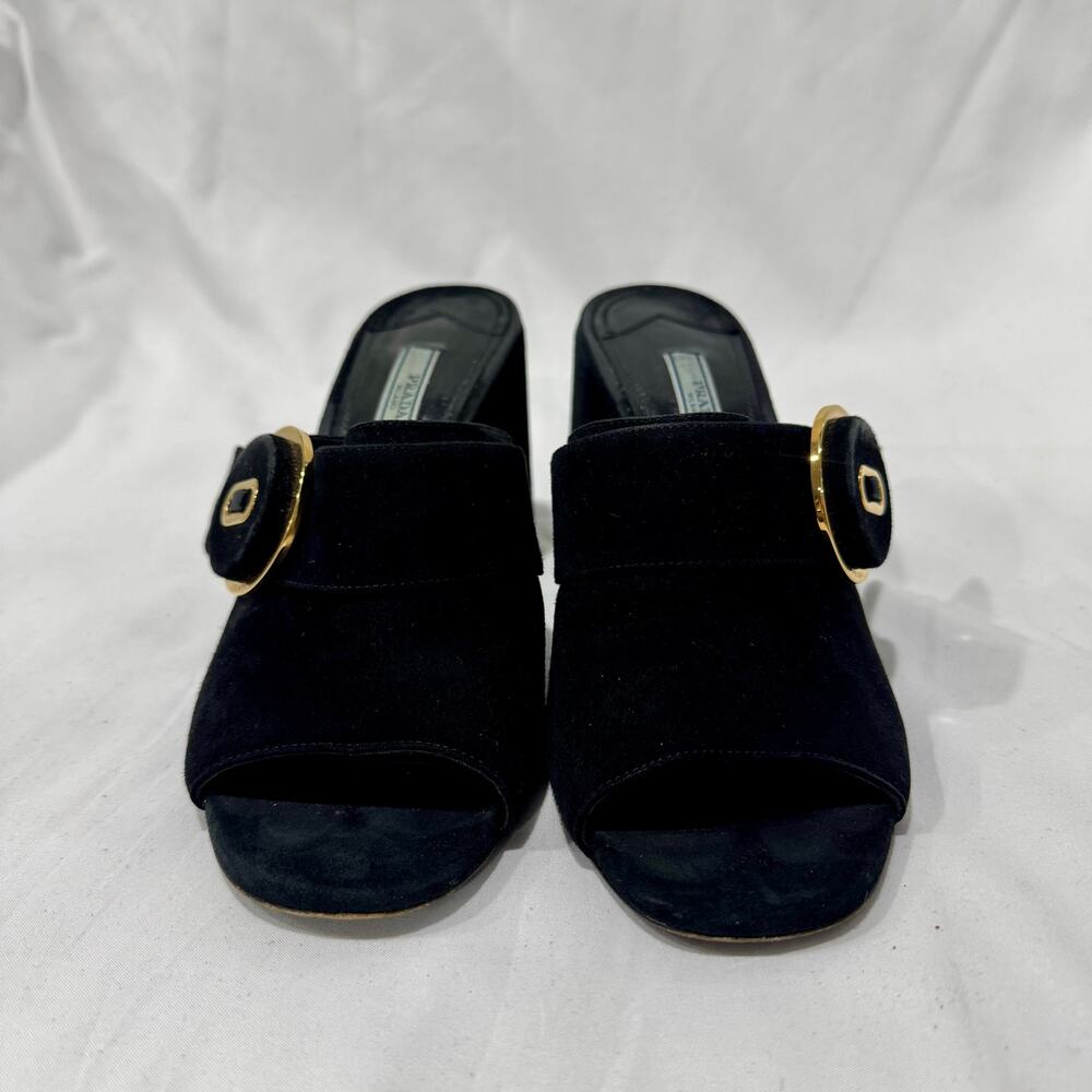 Vintage Prada Black Suede Gold Buckle Block Heel Mules 38.5